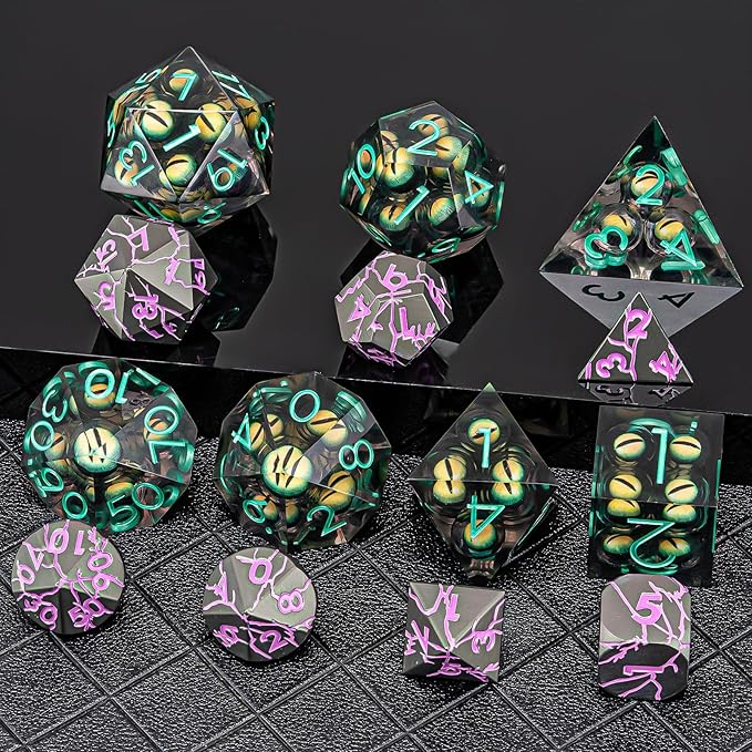 DND Resin Dice Mix Eyeball Dice Set 22-32mm Large Sharp Edged Dice Set with Box, Dungeons and Dragons Polyhedral D&D Role Playing Board Game D&D Dice Set D20 D12 D10 D8 D6 D4 (Green Eyes+Green Ink)