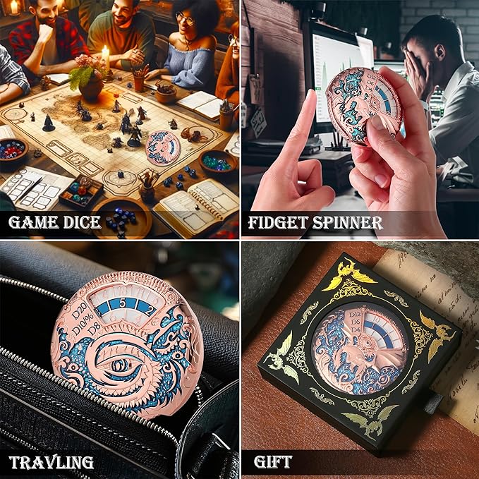 DNDND Dragon Roulette Metal Spinner Dice 7-in-1 Spinning DND Dice Set with Gorgeous Gift Box for Dungeons and Dragon and Role Playing Game(Rose Gold with Teal)