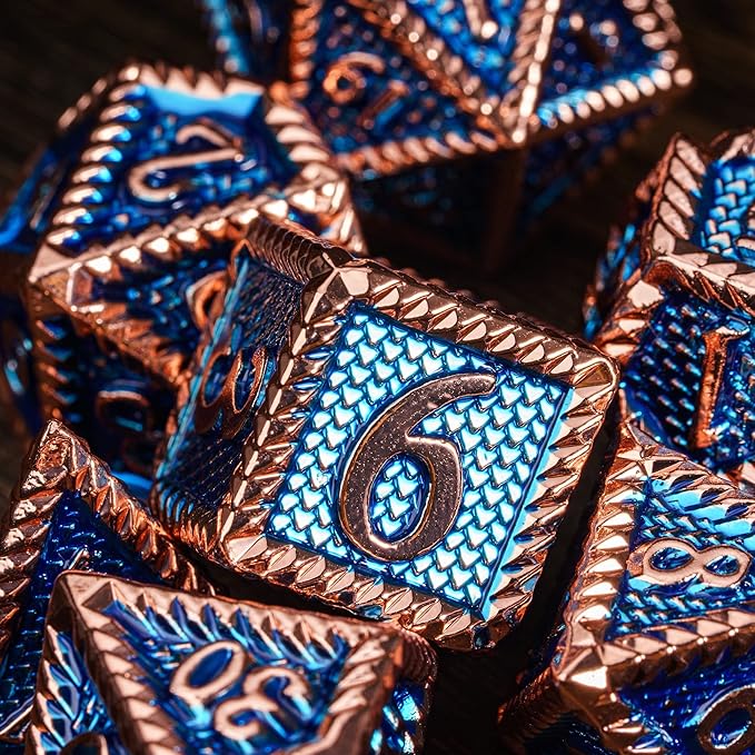 7-Die Metal DND Dice Set, Serrated Design Metal Dice Set 7 Pcs D&D Dice Set for Dungeons and Dragons Role Playing Game(RPG),Pathfinder,Table Game,Board Games(Red Copper Blue)