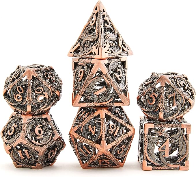 Hollow Metal DND Game Dice Dragon Shape Carved Antique Copper 7Pcs Set for Dungeons and Dragons RPG MTG Table Games D&D Pathfinder Shadowrun and Math Teaching (with Metal Case) ?-