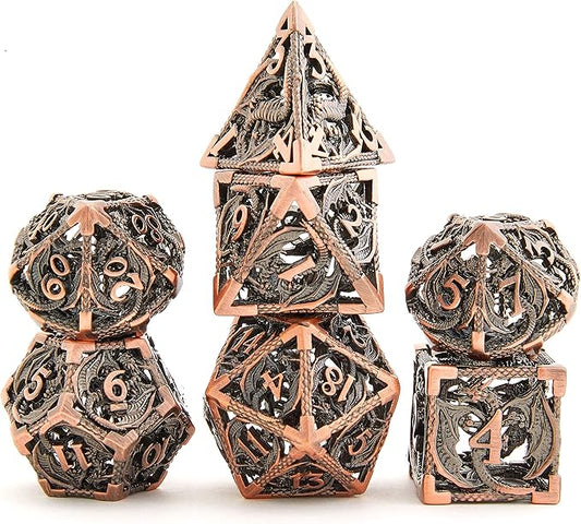Hollow Metal DND Game Dice Dragon Shape Carved Antique Copper 7Pcs Set for Dungeons and Dragons RPG MTG Table Games D&D Pathfinder Shadowrun and Math Teaching (with Metal Case) ?-