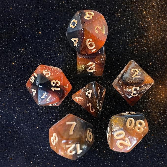 Polyhedral Dice Set, 7 PCS Dice Kit of D4 D6 D8 D10 D% D12 D20 Compatible with Dungeons and Dragons DND TTRPG MTG Table Role Playing Games(Black & Orange Nebula+Glitter)