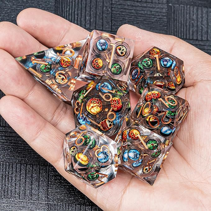 DND Resin Dice Skulls Dice Set 22-32mm Large Sharp Edged Dice with Box, Dungeons and Dragons Polyhedral D&D Role Playing Board Game D&D Dice Set D20 D12 D10 D8 D6 D4(Colorful Skulls)