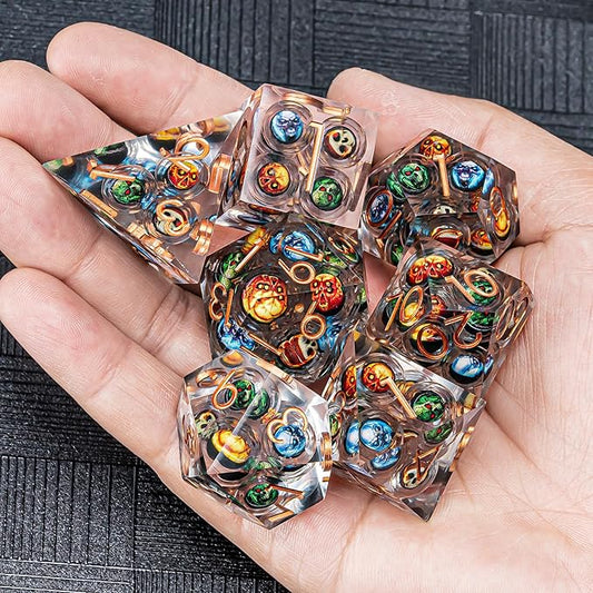 DND Resin Dice Skulls Dice Set 22-32mm Large Sharp Edged Dice with Box, Dungeons and Dragons Polyhedral D&D Role Playing Board Game D&D Dice Set D20 D12 D10 D8 D6 D4(Colorful Skulls)
