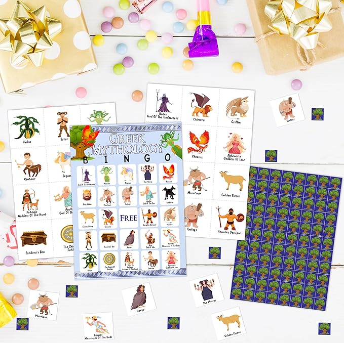 Greek Mythology Bingo Games, Ancient History Travel Trip Bingo Cards, Greek Theme Party Game for Adults Family, Christmas Party Activities, 24 Bingo Sets, A005