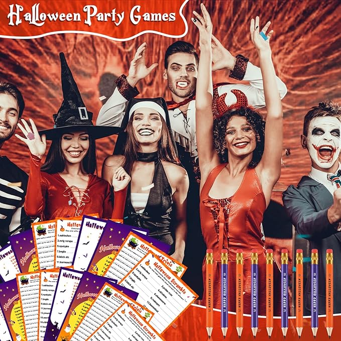 Kathfly 120 Pcs Halloween Games for Adults Include 2 Sets 40 Halloween Games Cards 20 Answer Cards and 20 Pencils, Baby Shower Party Supplies Word Scramble for Adults Groups (Horrible)