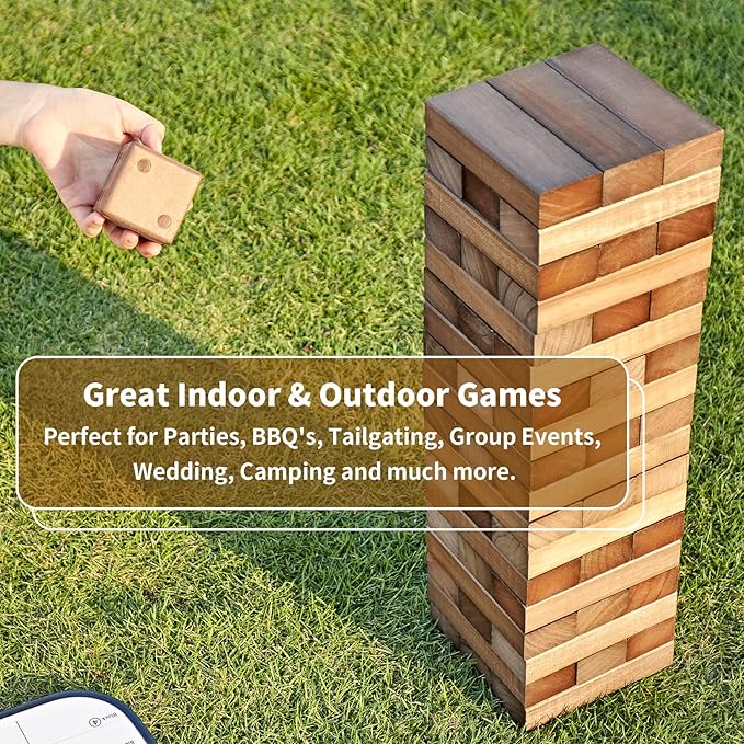 ApudArmis Giant Tumble Tower Stack to Over 5Ft, 60 PCS Pine Wooden Stacking Timber Game with 1 Dice Set - Classic Block Giant Outdoor Game (7.48 * 2.48 * 1.5 in Each Block, Brown)