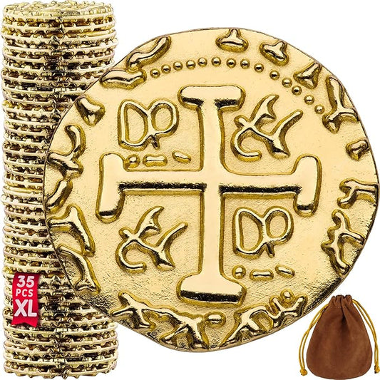 Large Metal Pirate Coins – 35 Gold Treasure Coin Set, Metal Replica Spanish Doubloons for Board Games, Tokens, Toys, Cosplay – Realistic Money Imitation for Treasure Chest - Size 1.18"