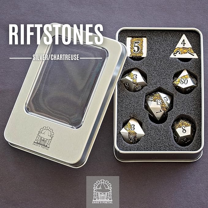 Sage's Portal Metal Riftstone DND Dice 7-PC Polyhedral Dice Set for DND TTRPG Dungeons and Dragons Pathfinder Oversized Designer Dice (Pearl Silver/Chartreuse)