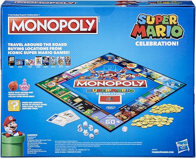 Monopoly Super Mario Celebration Edition Board Game for Super Mario Fans for 4 Players Ages 8 and Up, with Video Game Sound Effects