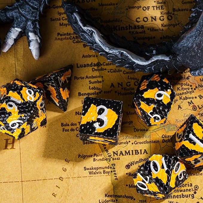 UDIXI Metal DND Dice Set Dragon Scale Polyhedral Dice D&D for Role Playing Games Dungeons and Dragons (Black Orange-Silver Number)