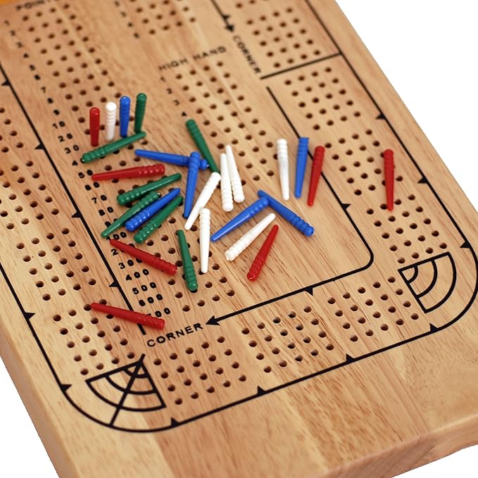 WE Games 4 Player Wooden Cribbage Board, Solid Natural Wood 4 Track Board, Plastic Pegs and Instructions, Card Games for Families and Adults
