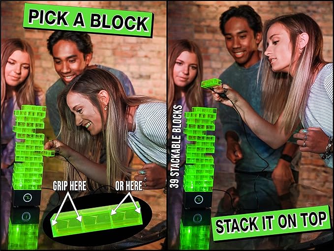 ShiZap! - Illuminated Electric Shock Stacking Block Game, Plastic Tumble Tower Blocks, Shocking Tweezers, LED Base That Plays Suspenseful Music, Family Fun Party Games for Teenage Boys, Girls, Adults