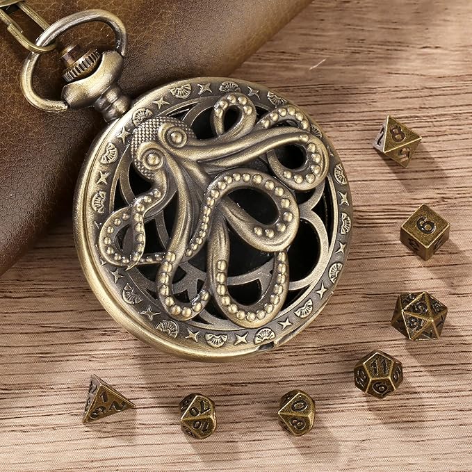 Mini DND Dice Set Steampunk Hollow Octopus Pocket Watch Shell Case, 7pcs Polyhedral Metal D&D Dice Set, DND Gifts with Gift Box for Player, Role Playing Board Games Accessories, Bronze