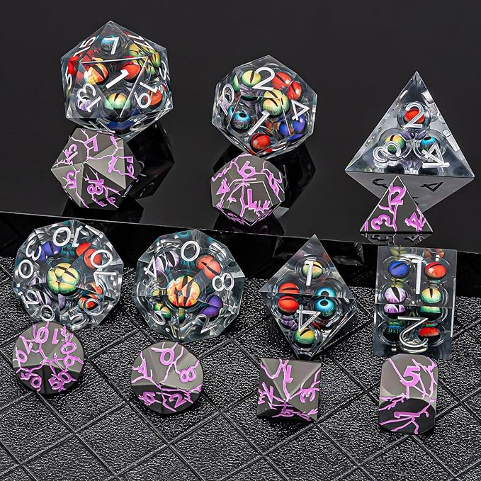 Sharp Edged Dice Set Mix Colored Eyeball Dice 22-32mm Large DND Dice with Box, Dungeons and Dragons Polyhedral D&D Role Playing Board Game D&D Dice Set D20 D12 D10 D8 D6 D4 (Colorful Eyes+Silver Ink)