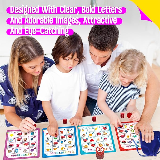 Alphabet & Phonics Bingo Game, 12 Bingo Boards ABC Letters, CVC Blends Words Phonetic Game, Letters Phonetic Awareness Early Educational Learning Toys - Ages 4 and up, Perfect for Classroom & At Home