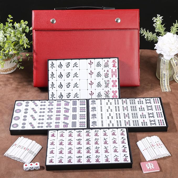Japanese Riichi Mahjong Set, White and Yellow Tiles - with Red Box, East Wind Tile, Set of Scoring Sticks, Dices, and Mahjong mat.