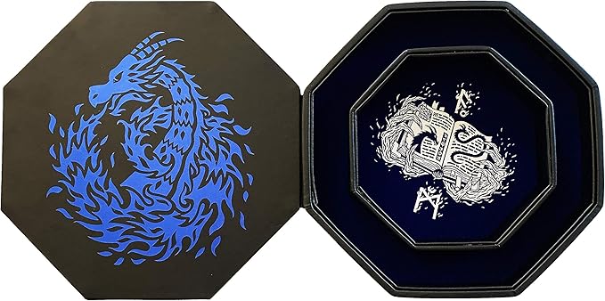 Blue Dragon Dice Tray with Spell Book Print – 9" Octagon with Lid and Dice Staging Area, Holds 5 Dice Sets – Perfect for D&D, Call of Cthulhu, Shadowrun, and All Tabletop RPGs