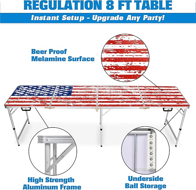 GoPong 8 Foot Portable Beer Pong / Tailgate Tables (Black, Football, American Flag, or Custom Dry Erase)