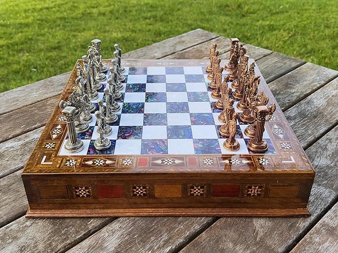 15’’ Handmade Chess Set with British Army Metal Chess Pieces, Luxury Storage Chess Board, for All Ages, Ideal for Father, (Purple)
