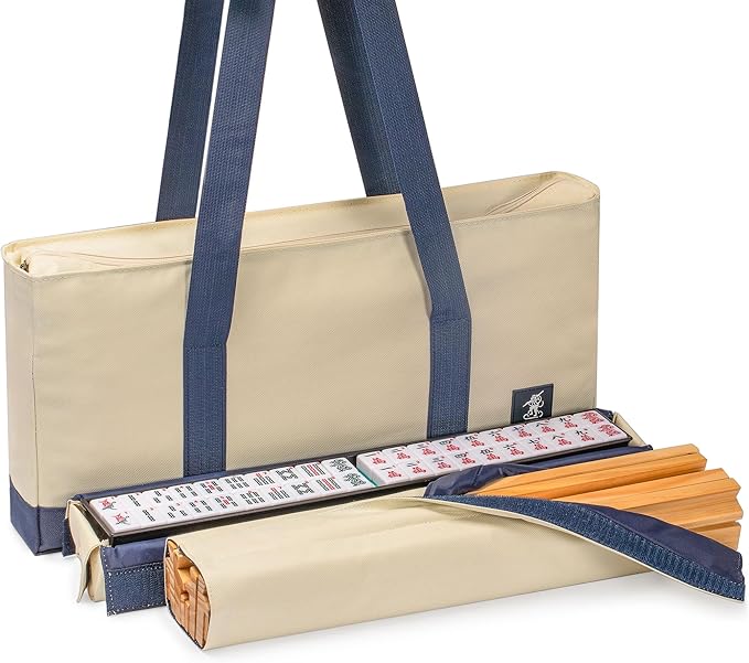Yellow Mountain Imports American Mahjong Set, Harbor Mint with Beige and Blue Canvas Tote Bag - 4 All-in-One Racks with Pushers, Wright Patterson Scoring Coins, Dice, & Wind Indicator