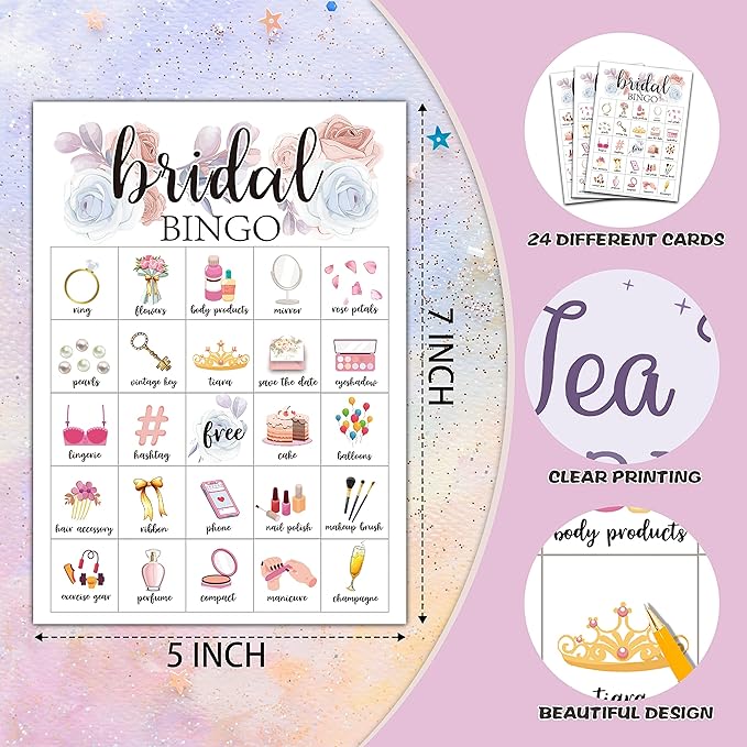 Bridal Bingo Cards, Bridal Shower Game for 24 Players, Wedding/Bachelorette Party Games for Family Friends Activities, Holiday Party Favors Supplies Decorations(06)