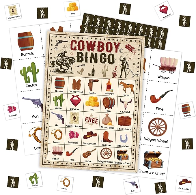 Cowboy Bingo Card Game, Wild West Bingo Set for Adults Family Friends, Western Party Decorations, Cowboy Bingo Kit for Birthday Party, Holiday Games for 24 Players -07