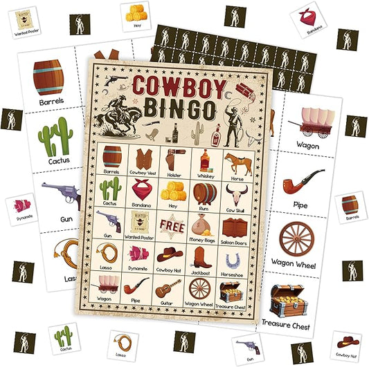 Cowboy Bingo Card Game, Wild West Bingo Set for Adults Family Friends, Western Party Decorations, Cowboy Bingo Kit for Birthday Party, Holiday Games for 24 Players -07