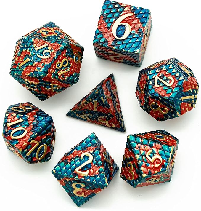 UDIXI Metal Dice Set, Dragon Scale D&D Metal DND Dice with Dice Pouch for Role Playing Games Dungeons and Dragons and Other Tabletop Game (Blue with Orange)