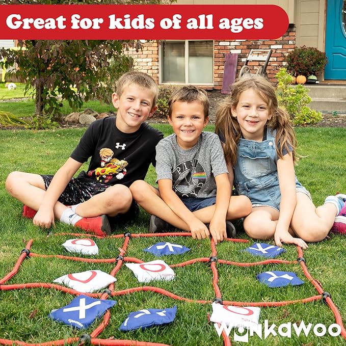 WonkaWoo Giant Tic Tac Toe Bean Bag Toss Game Playset, Large 3' x 3' Tic Tac Toe Rope Grid, Outdoors Lawn Yard Game for Family and Kids