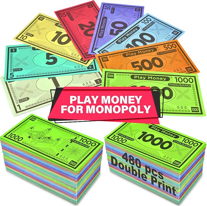 Play Money Suitable for Monopoly Board Game – 480 pcs of 60 Each Bill Denomination – Double Sides Printing Paper Money for Pretend Play Cashier, Monopoly Money Refill Packs - 480 pcs
