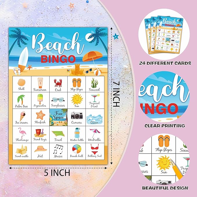 Beach Party Bingo Cards, Summer Bingo Games for 24 Players, Pool Party Games for Family Friends Large Group Activities, Beach Party Favors Supplies Decorations(33)
