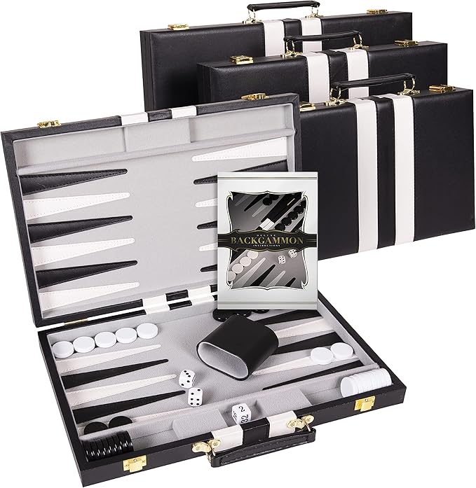 Backgammon Set 15 inch, Medium - Classic Board Game for Adults and Kids with Premium Leather Case - Includes Strategy & Tip Guide (Black)