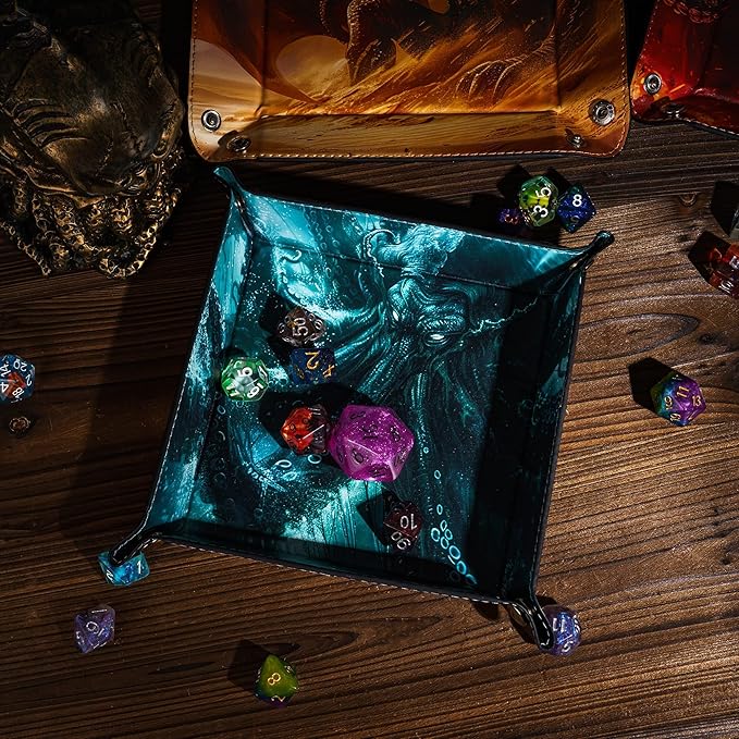 DND Dice Rolling Tray PU Leather Dice Trays Folding Square Dice Storage Case for RPG Tabletop Games, Jewelry Valet Tray for Women and Men