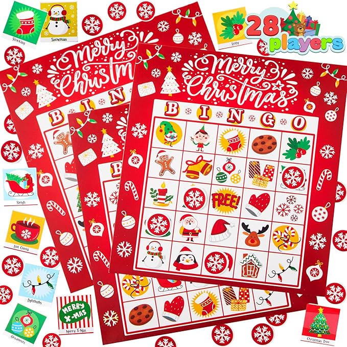 JOYIN 28 Players Christmas Bingo Card Games Set for Kids Xmas Party Board Games, Winter Bingo Card, School Classroom Charades Games, Party Supplies, Family Group Activity