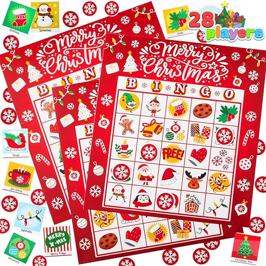 JOYIN 28 Players Christmas Bingo Card Games Set for Kids Xmas Party Board Games, Winter Bingo Card, School Classroom Charades Games, Party Supplies, Family Group Activity