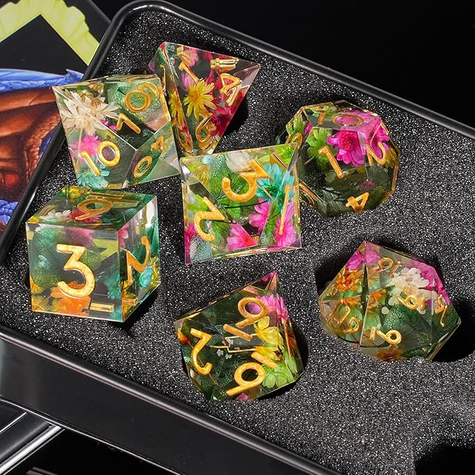 DND Dice Set Sharp Edged Dice Set of 7 DND Faceted Dice Golden Numbers and Beautiful Iron Box Perfect for Dungeons & Dragons RPG and Board Game(Flower Gold)