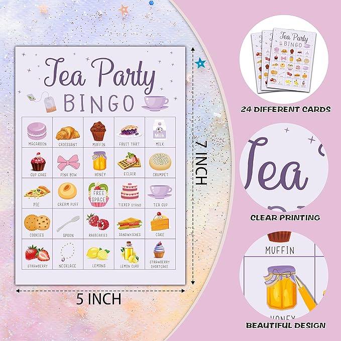 Tea Party Bingo Cards, Let’s Par-Tea Game for 24 Players, Garden Tea Party Games for Family Friends Activities, Holiday Party Favors Supplies Decorations(05)