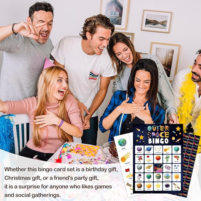 Outer Space Party Bingo Card, Solar System Birthday Bingo Game for Adults Family Friends, Astronomy Games Set for Birthday Party, Holiday Games for 24 Players -04
