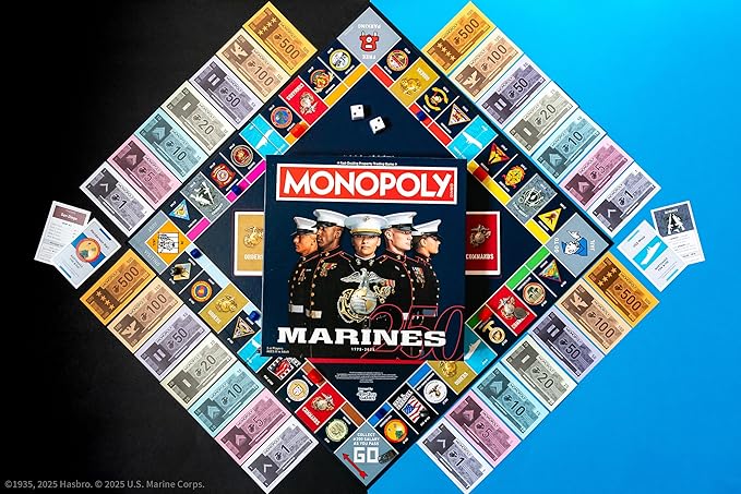Monopoly: Marines 250th Anniversary Edition, Celebrate 250 Years, Buy Bases Worldwide and Upgrade with Tents & Barracks, Play as Tokens: Combat Boots, Bulldog, & More, Officially Licensed Merchandise