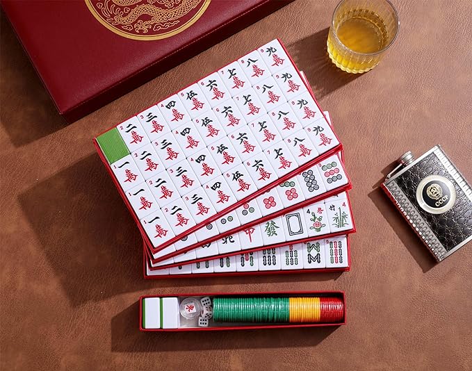 Mose Cafolo Chinese Mahjong Set X-Large 146 Numbered Melamine 1.5" Large Size Tile with Carrying Travel Case, English Manual, Pro Complete Mahjongg Game Set (Majiang, Mah Jongg)