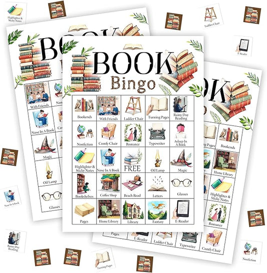 Book Bingo Set - Adults Reading Challenge Game, Bingo Cards, Favors & Decor - 01
