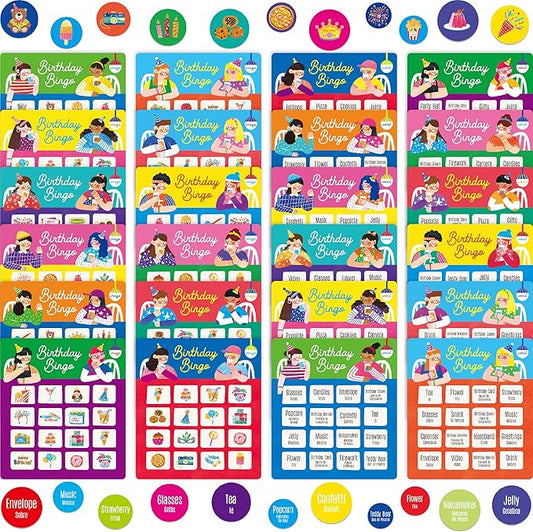 Birthday Bingo Game, 12PCS Bilingual English and Spanish Bingo Board Game, 12 Players Bingo Game Set for Teenager or Adults Birthday Party, Fun Interesting Birthday Activity Favor Decoration Supplies