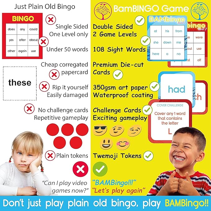 Sight Word Bingo Game Level 1 and 2 - Educational Games for Kids - Learn to Read Vocabulary for Kindergarten 1st Grade - Dolch's Fry's Words Lists