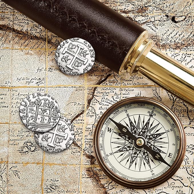 Large Metal Pirate Coins - 35 Silver Treasure Coin Set, Metal Replica Spanish Doubloons for Pirate Party Decorations & Favors, Tokens, Toys, Cosplay - Pirate Treasure Chest - Size 1.06"
