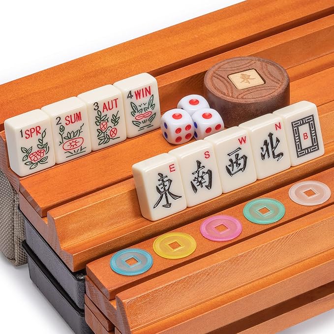 Yellow Mountain Imports American Mahjong Set, Mojave (Ivory) with Brown Soft Case, All-in-One Racks with Pushers, Wright Patterson Scoring Coins, Dice, & Wind Indicator