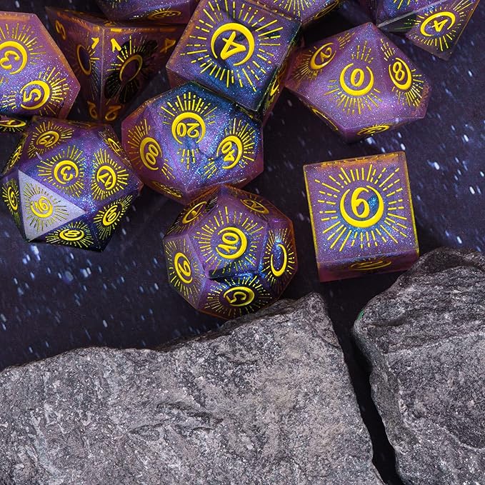 Cusdie Sharp Edges DND Dice, 7 PCs Moon Dice Set D&D Dice, Handcrafted Polyhedral Dice Set, for Role Playing Game Pathfinder(Moon/Purple Black)