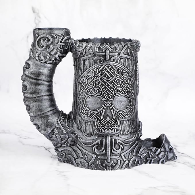 AUSPDICE Hand-Painted Skull Dice Tower – DND Dice Rolling Tower, RPG Dice Storage, Gothic Dice Cup, Pen Holder, Drink Stand – Perfect for Dungeons & Dragons Tabletop Games (RF286B Skull Cup Silver)