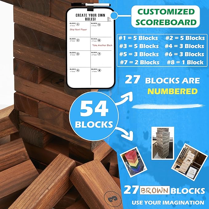 Large Tower Life Size Game Outdoor Games Wooden Stacking Games includes Scoresheet and Bag 54 Blocks
