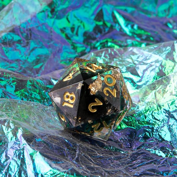 YEMEKO Single D20 Dice - 22mm, 20 Sided D&D Dice for Dungeons and Dragons, DND Dice with Resin Sharp Edge, Handmade Polyhedral for RPG, Roleplaying Games MTG Table Games(Black Gold)